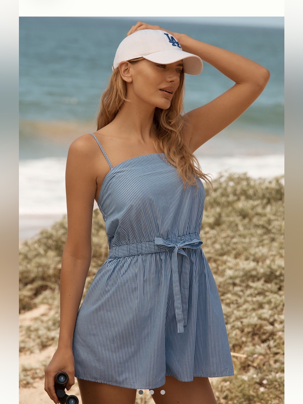 Anthropologie Blue Striped Poplin Romper | Tie Waist Sleeveless | XL